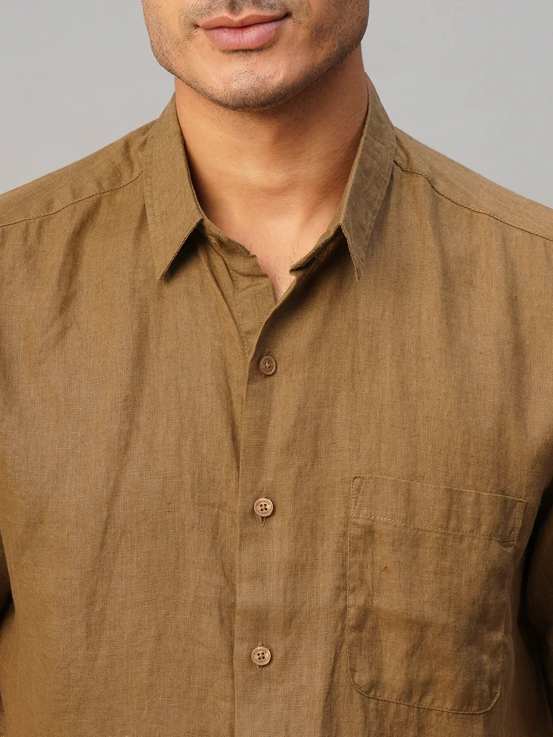 Men's Tobacco 100% Linen Regular Fit Shirt