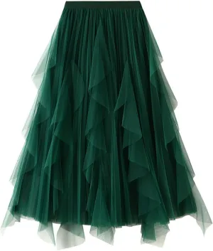Midi Skirts for Women High Waisted Flounce Hem Sheer Mesh Overlay A-Line Flowy Skirt Tiered Ruffle Spring 2025