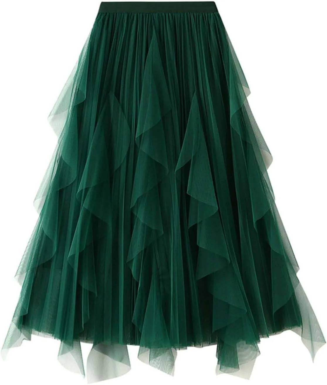 Midi Skirts for Women High Waisted Flounce Hem Sheer Mesh Overlay A-Line Flowy Skirt Tiered Ruffle Spring 2025