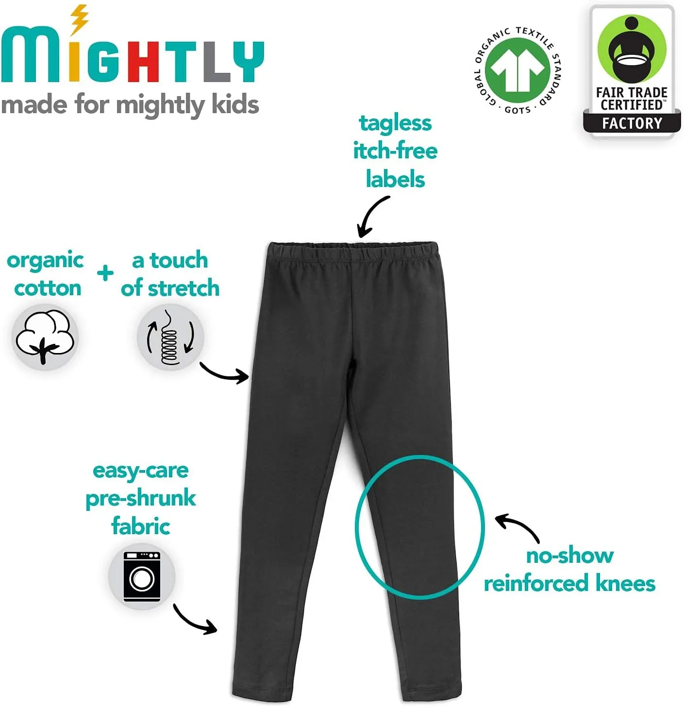 Mightly Girls' Leggings with Reinforced Knees | Organic Cotton Yoga Pants, Dance & Running Tights for Toddler&Kids Clothes