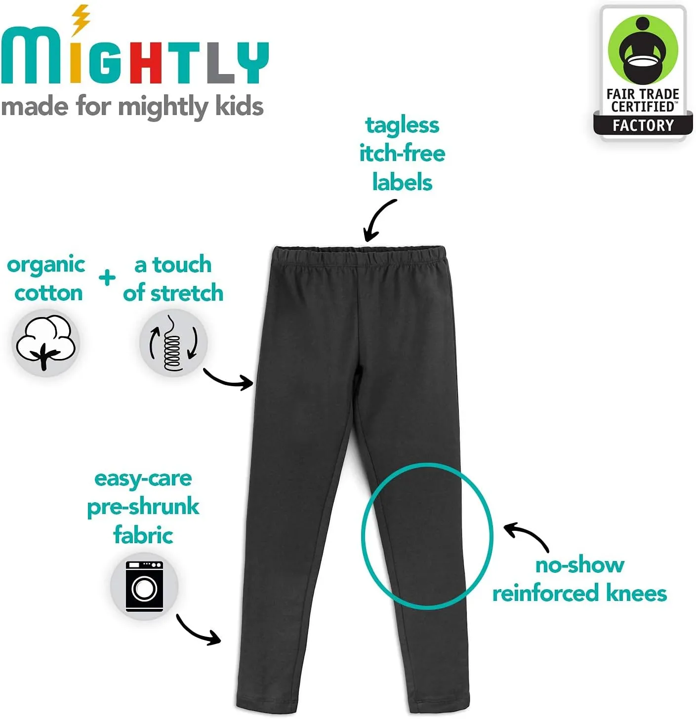 Mightly Girls' Leggings with Reinforced Knees | Organic Cotton Yoga Pants, Dance & Running Tights for Toddler&Kids Clothes