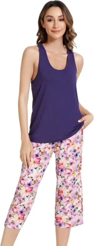 NACHILA Women's Pajamas-Viscose Made from Bamboo, Sleeveless Pajama Set Soft Tank Top Sleepwear Capri Pants Pjs