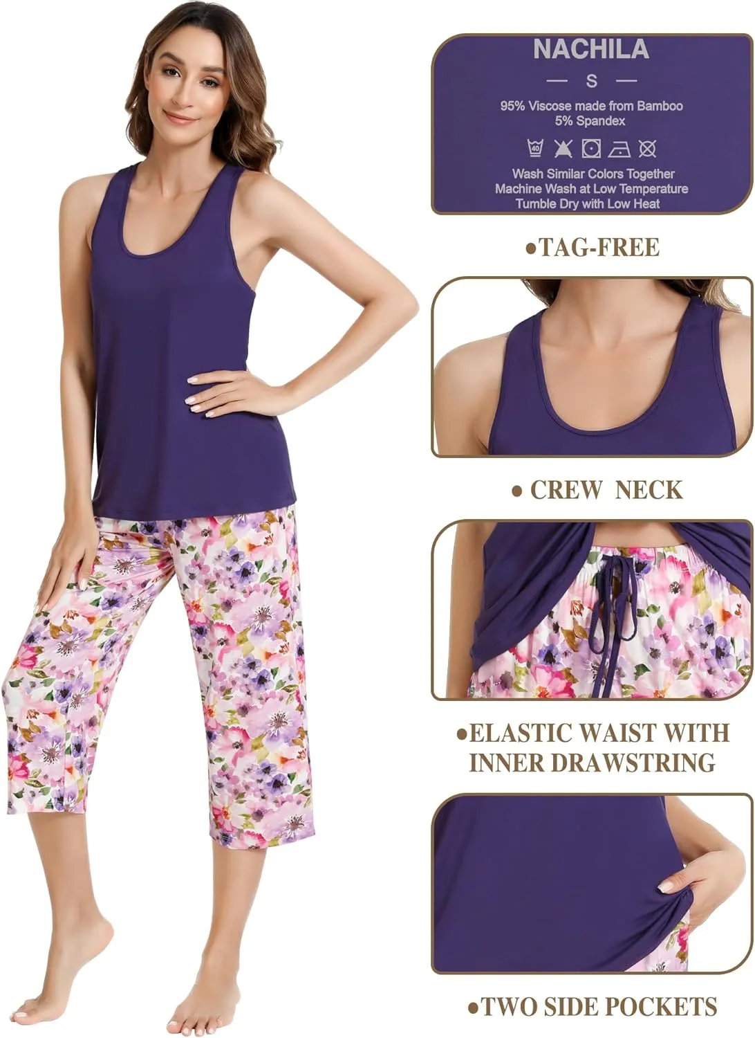 NACHILA Women's Pajamas-Viscose Made from Bamboo, Sleeveless Pajama Set Soft Tank Top Sleepwear Capri Pants Pjs