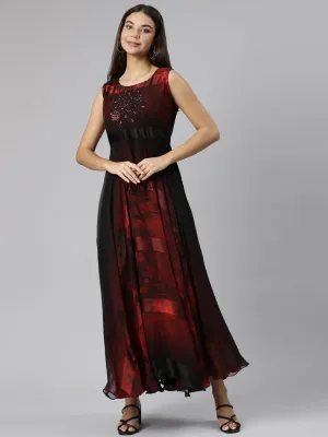 Neeru's Maroon Flared Casual Graphic Dresses