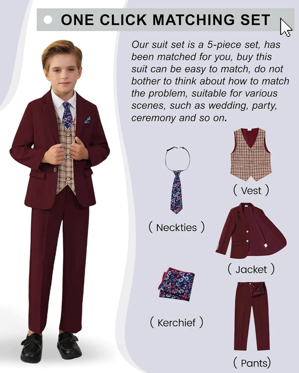 nilikastta Boys Suit Slim Fit 5 Piece Kids Suit for Wedding 6-10 Years