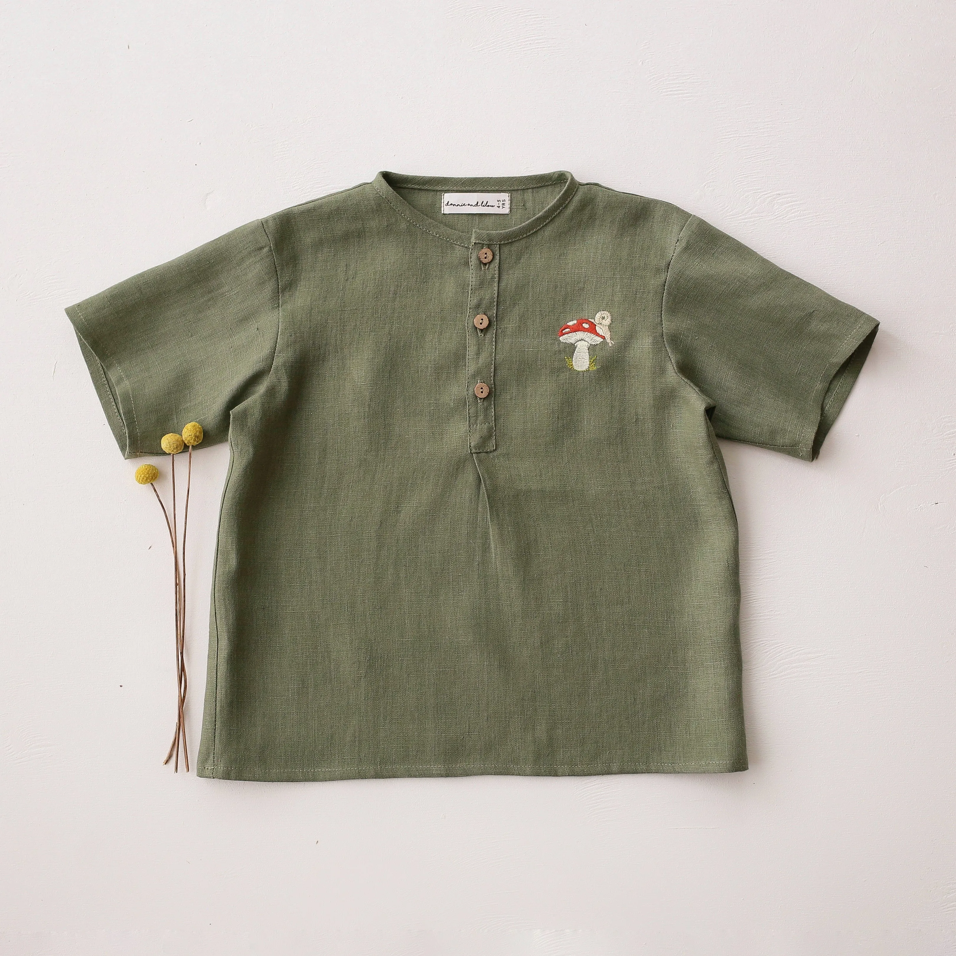 Olive Linen Short Sleeve Buttoned Top with Toadstool with Snail Embroidery
