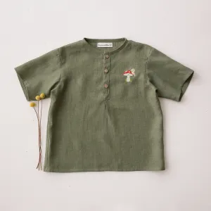 Olive Linen Short Sleeve Buttoned Top with Toadstool with Snail Embroidery