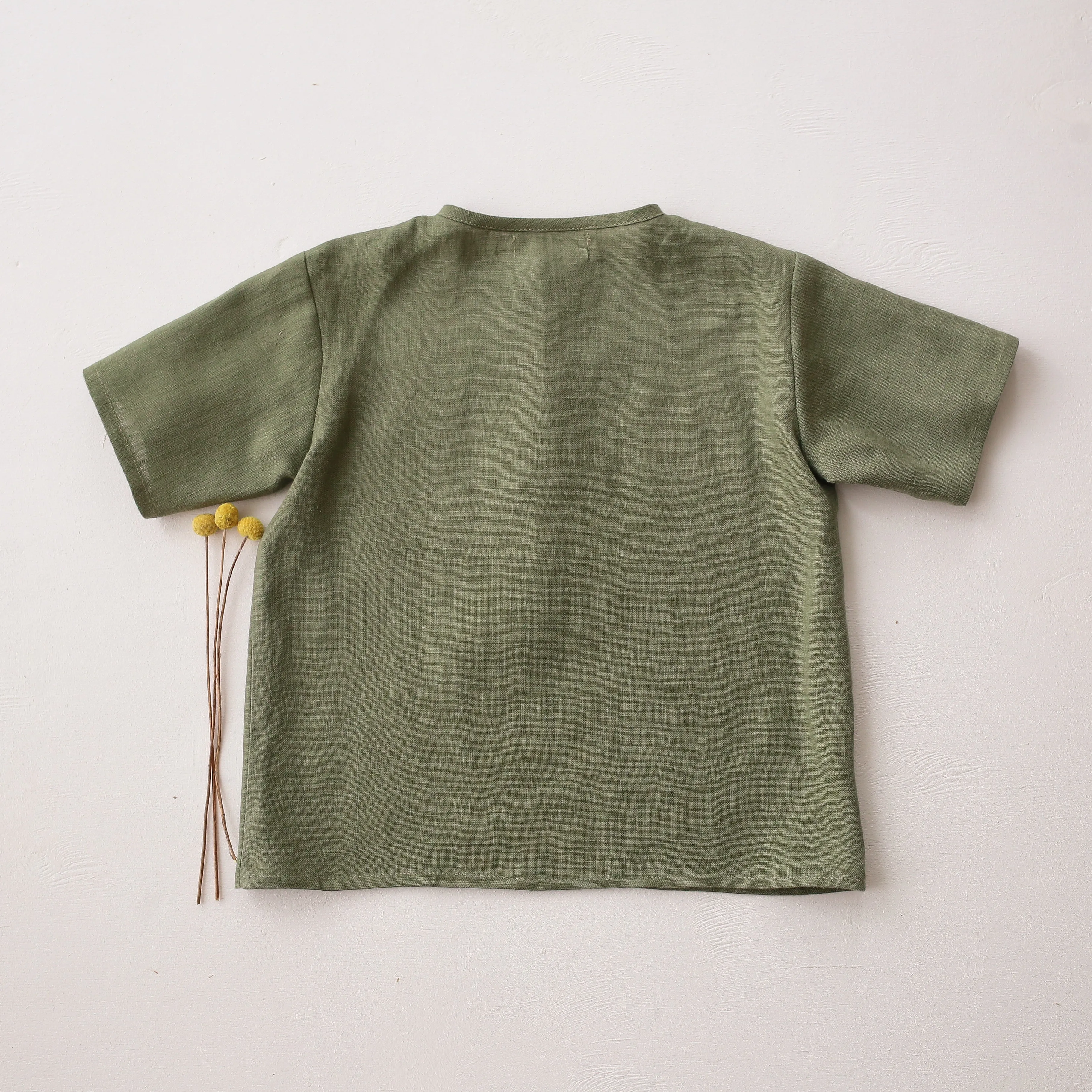 Olive Linen Short Sleeve Buttoned Top with Toadstool with Snail Embroidery