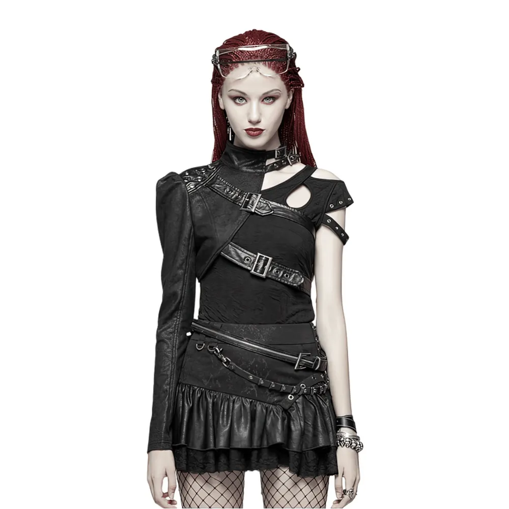 One Shoulder Faux Leather Punk Jacket with Buckles