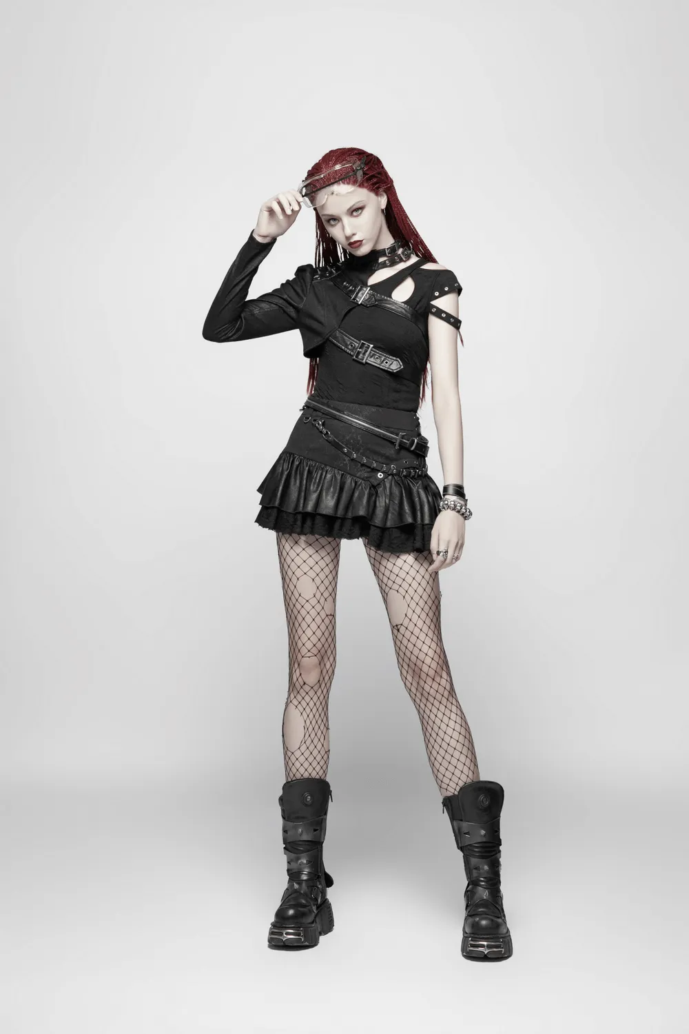 One Shoulder Faux Leather Punk Jacket with Buckles