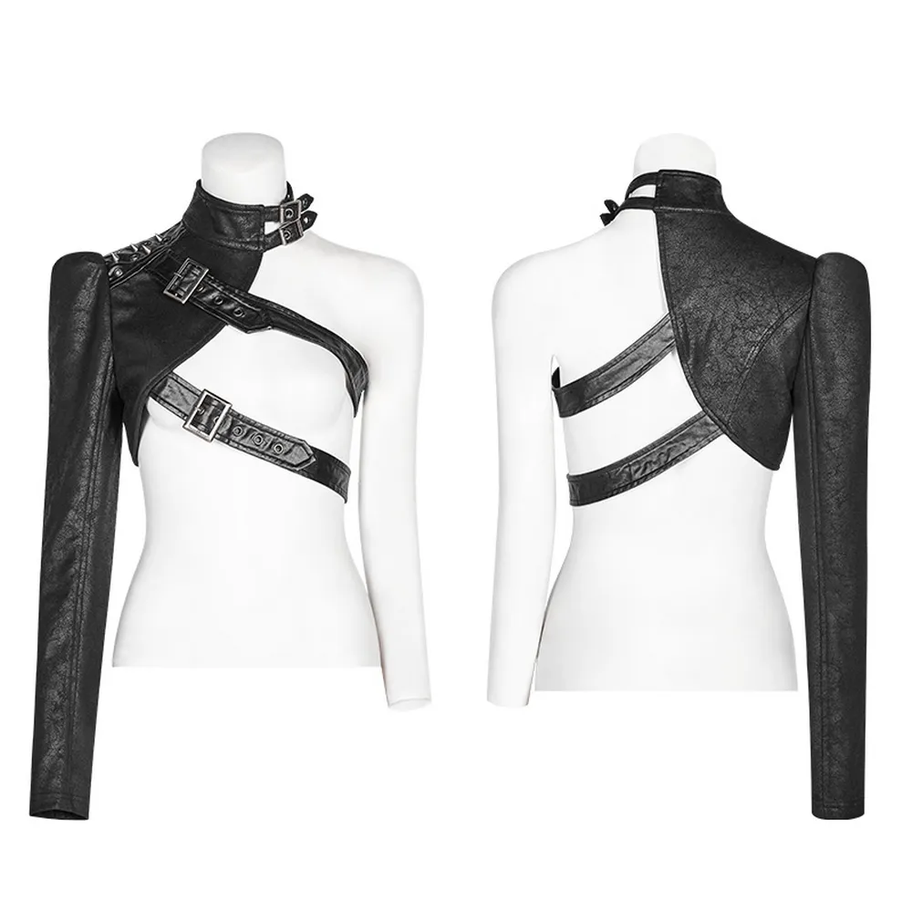 One Shoulder Faux Leather Punk Jacket with Buckles