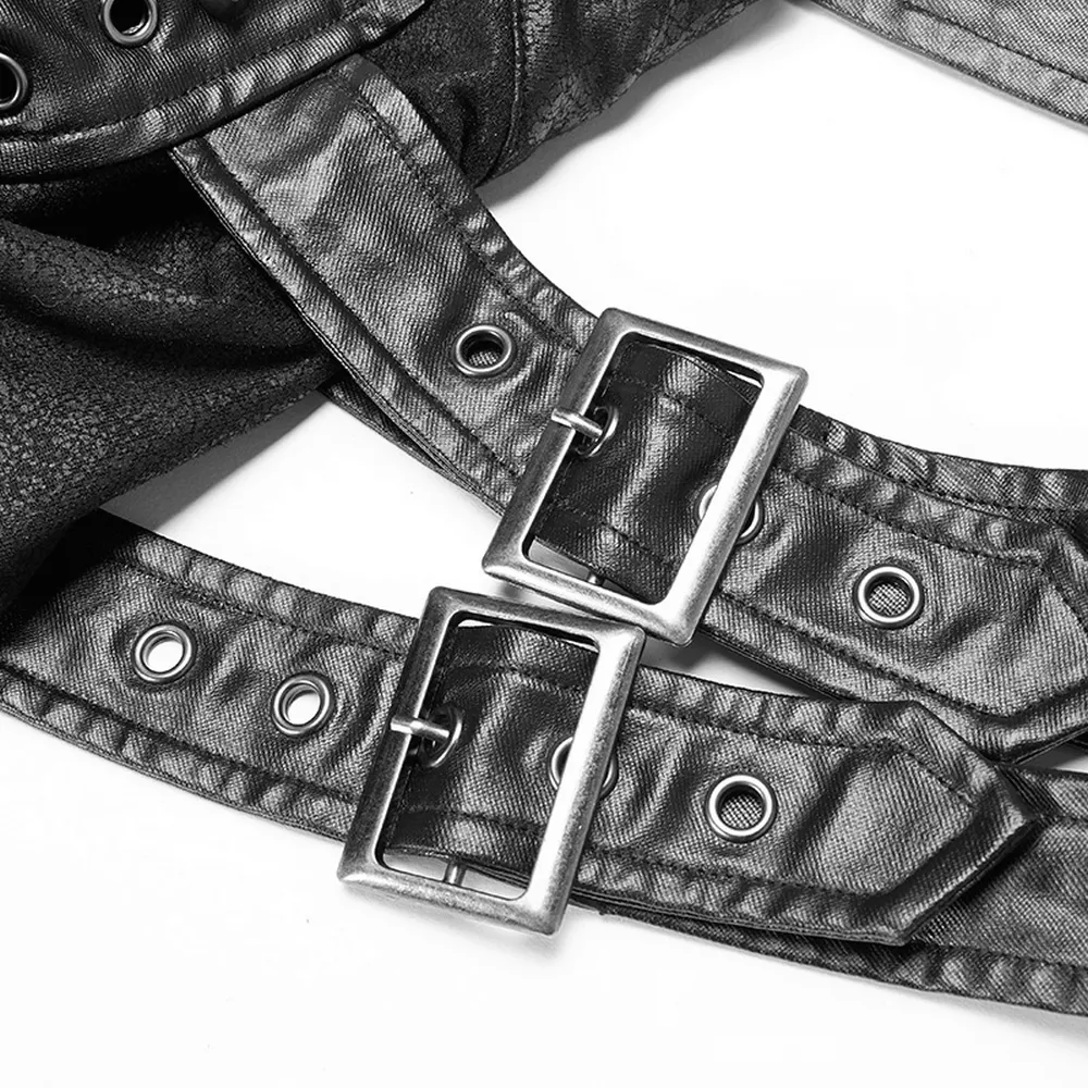One Shoulder Faux Leather Punk Jacket with Buckles