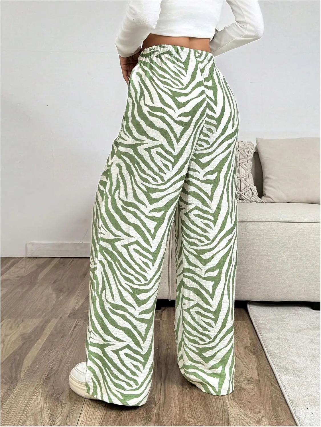 OYOANGLE Women's Zebra Striped Print Long Pants Drawstring Elastic High Waist Wide Leg Casual Trousers with Pockets
