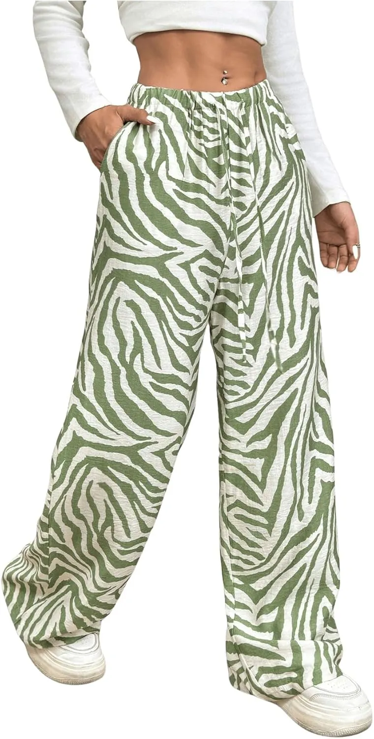 OYOANGLE Women's Zebra Striped Print Long Pants Drawstring Elastic High Waist Wide Leg Casual Trousers with Pockets