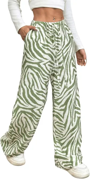 OYOANGLE Women's Zebra Striped Print Long Pants Drawstring Elastic High Waist Wide Leg Casual Trousers with Pockets