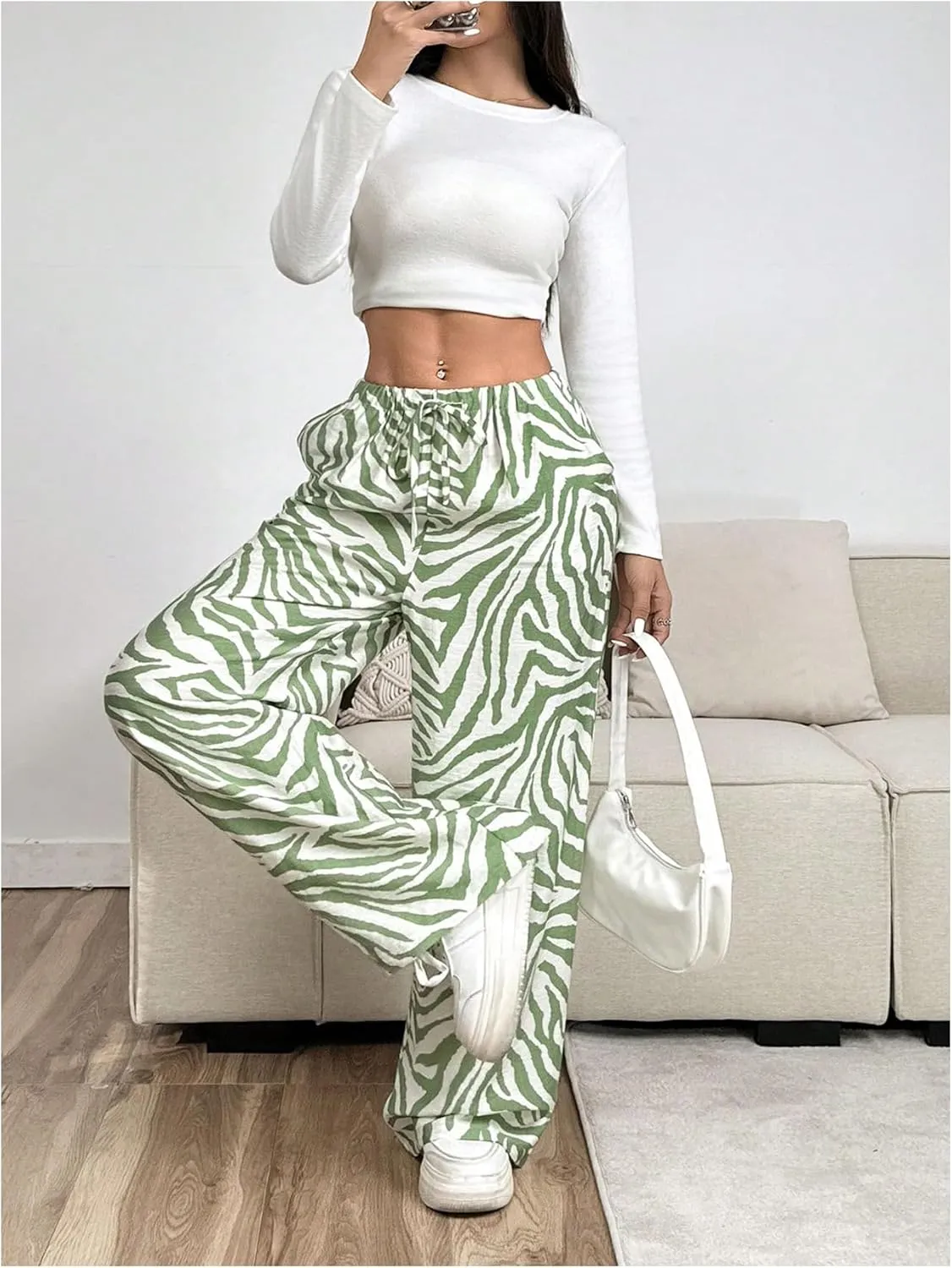 OYOANGLE Women's Zebra Striped Print Long Pants Drawstring Elastic High Waist Wide Leg Casual Trousers with Pockets