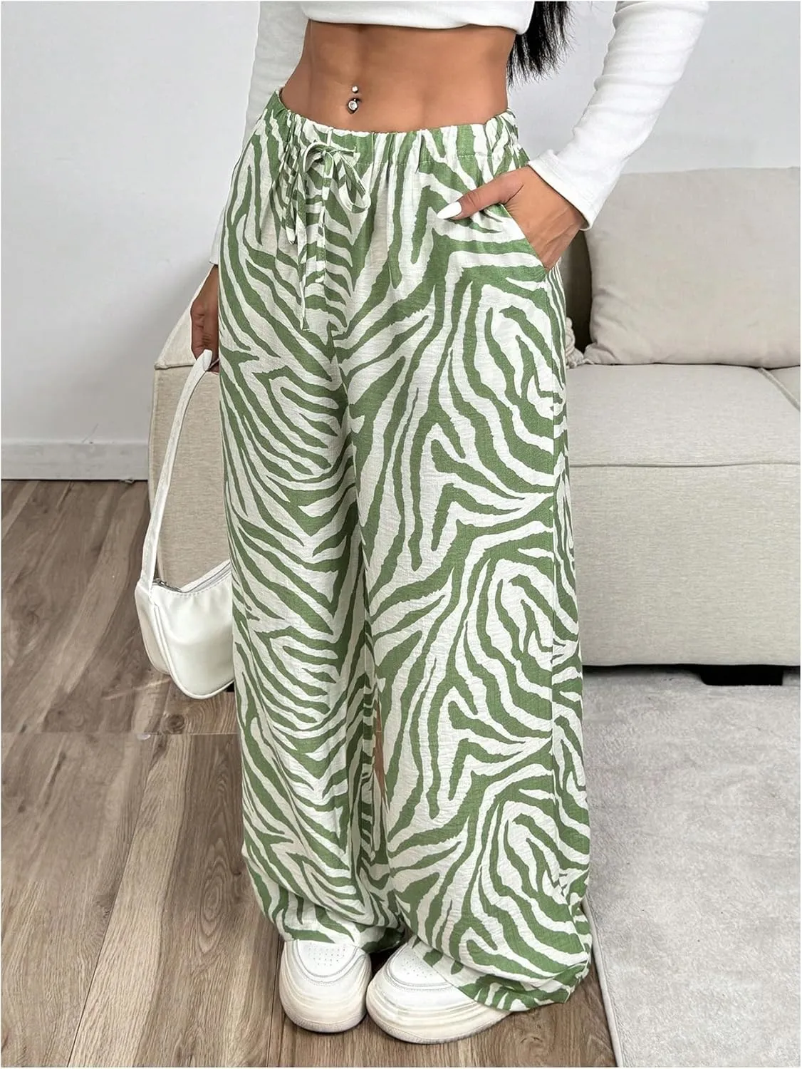 OYOANGLE Women's Zebra Striped Print Long Pants Drawstring Elastic High Waist Wide Leg Casual Trousers with Pockets