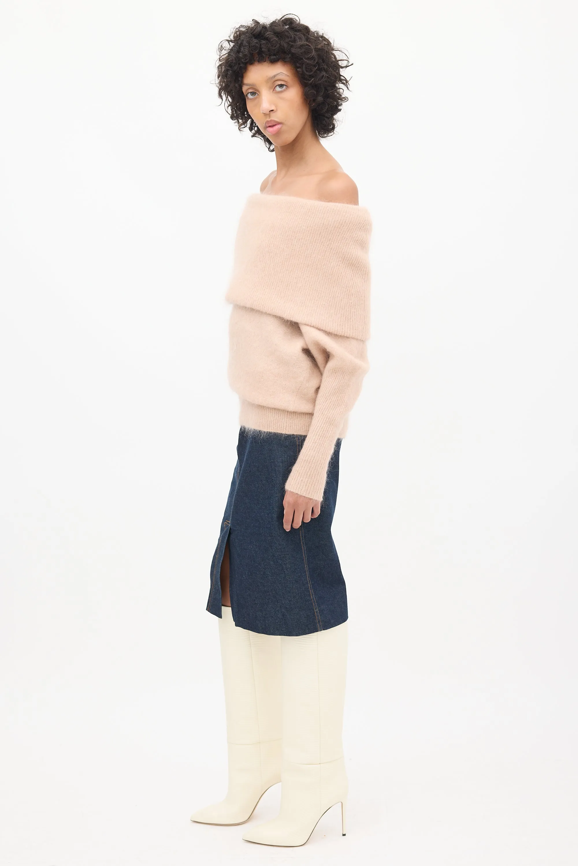 Pink Mohair Off Shoulder Sweater