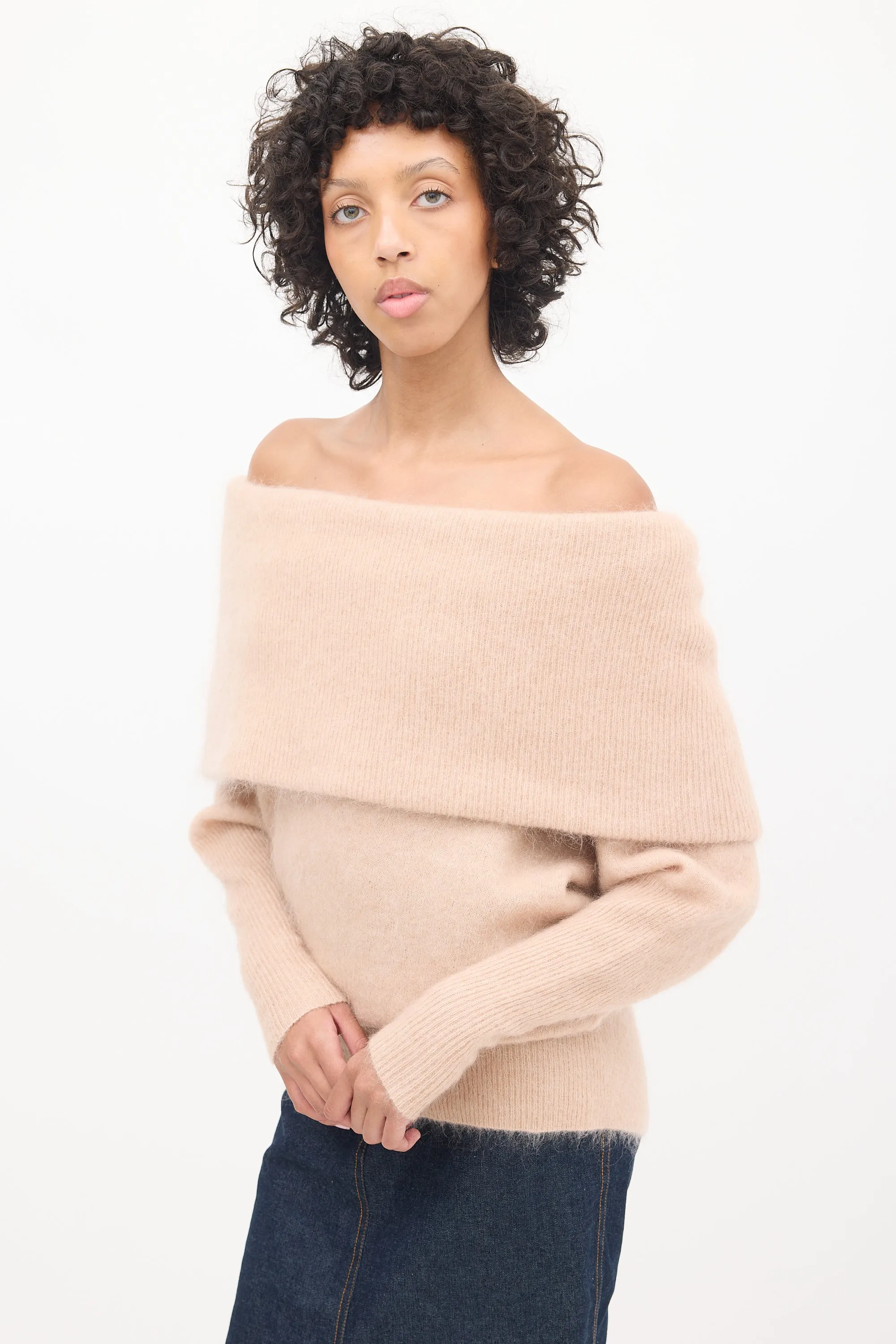 Pink Mohair Off Shoulder Sweater