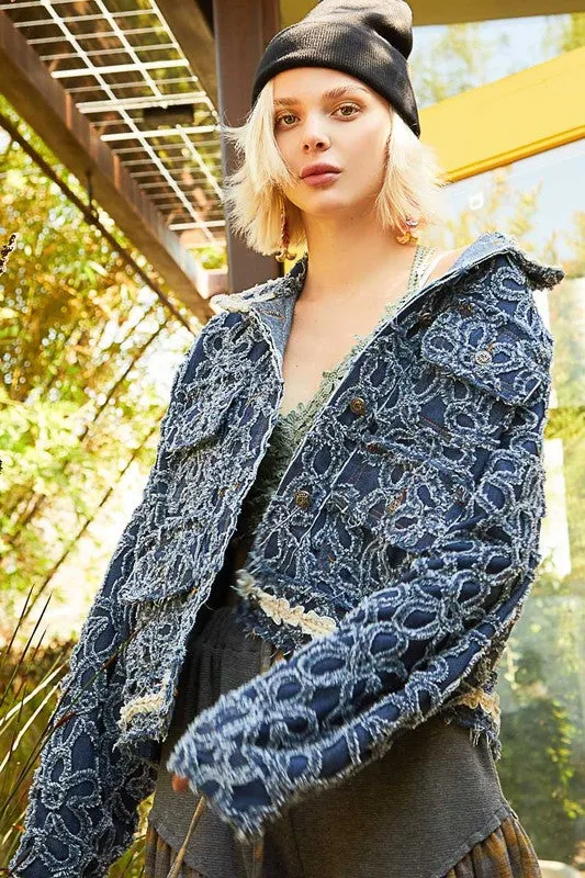 POL Flower Distressed Denim Lace Collar Frayed Large Pocket Button Cotton Jacket