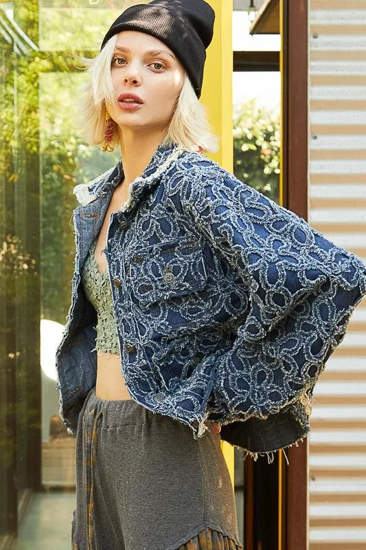 POL Flower Distressed Denim Lace Collar Frayed Large Pocket Button Cotton Jacket