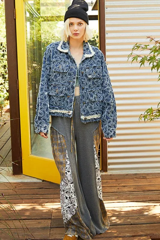 POL Flower Distressed Denim Lace Collar Frayed Large Pocket Button Cotton Jacket