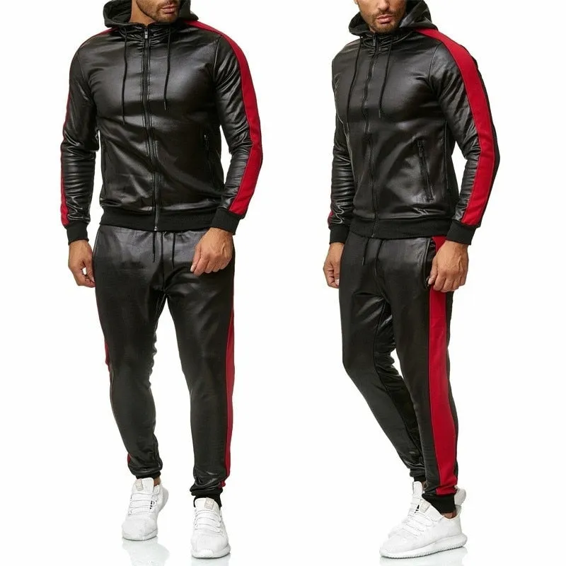 PU Leather Hoodies Pants Jogging Tracksuits