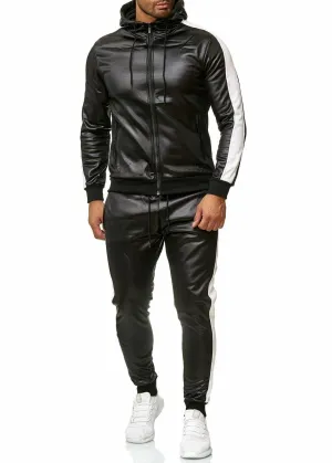 PU Leather Hoodies Pants Jogging Tracksuits