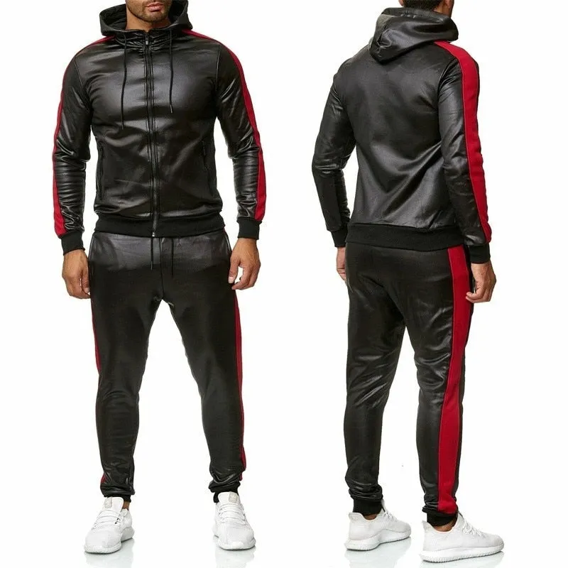 PU Leather Hoodies Pants Jogging Tracksuits