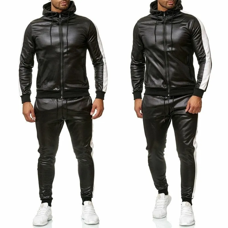 PU Leather Hoodies Pants Jogging Tracksuits