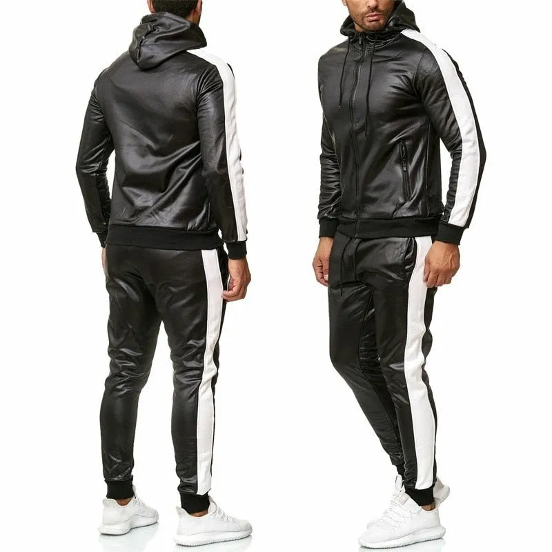 PU Leather Hoodies Pants Jogging Tracksuits