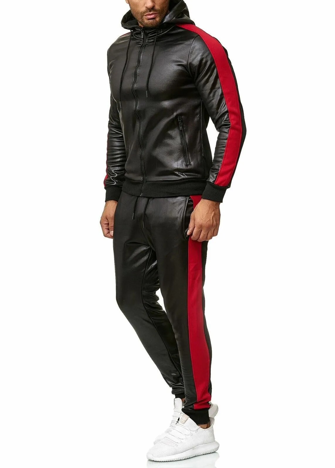 PU Leather Hoodies Pants Jogging Tracksuits