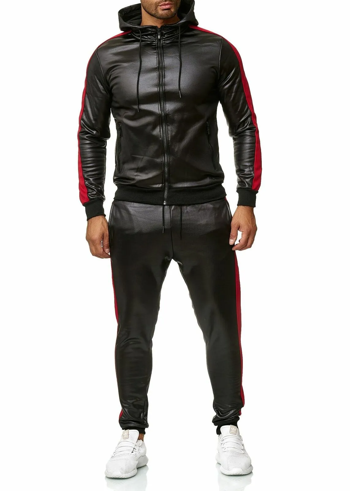 PU Leather Hoodies Pants Jogging Tracksuits