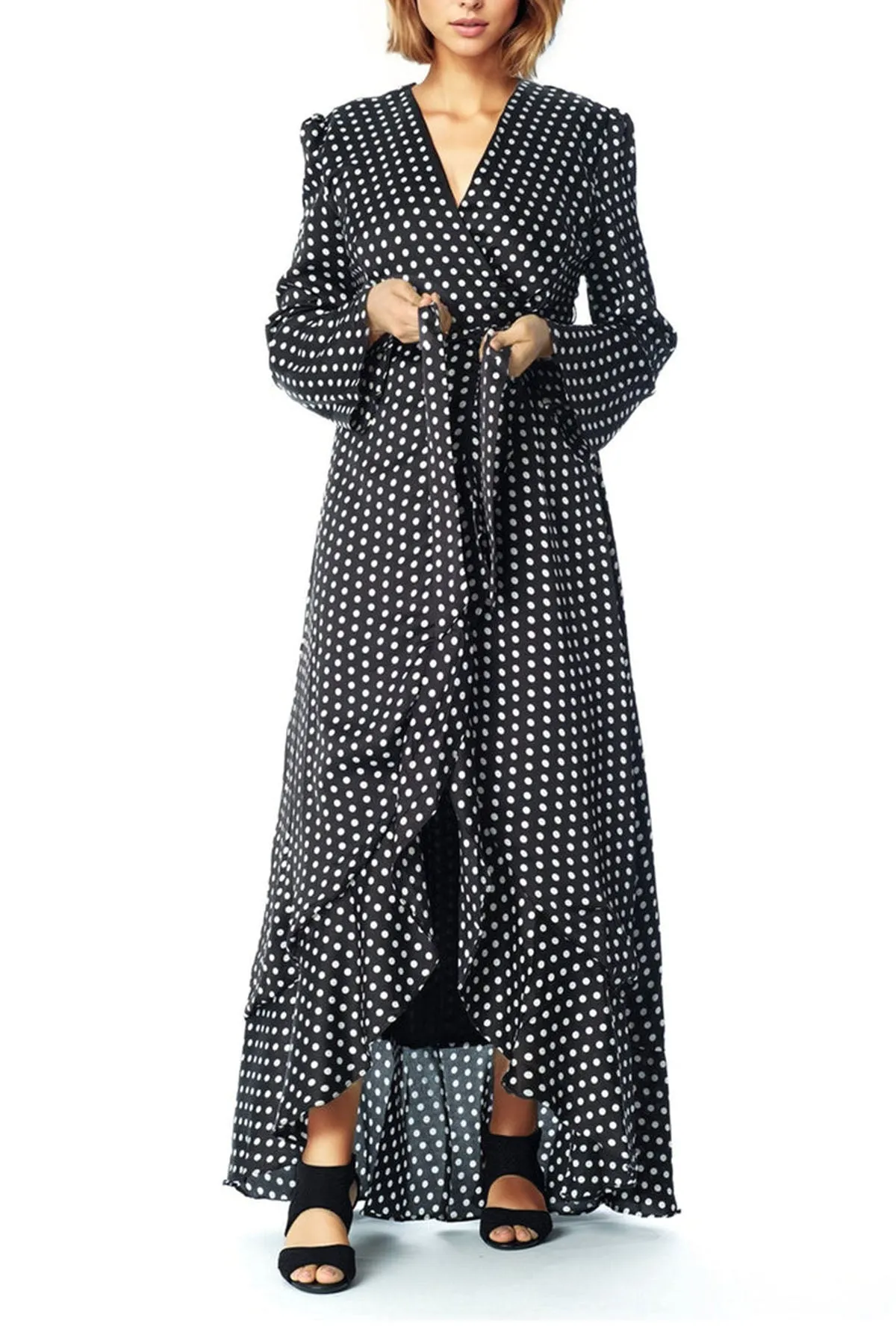 Satin Polka dots wrap Kimono dress