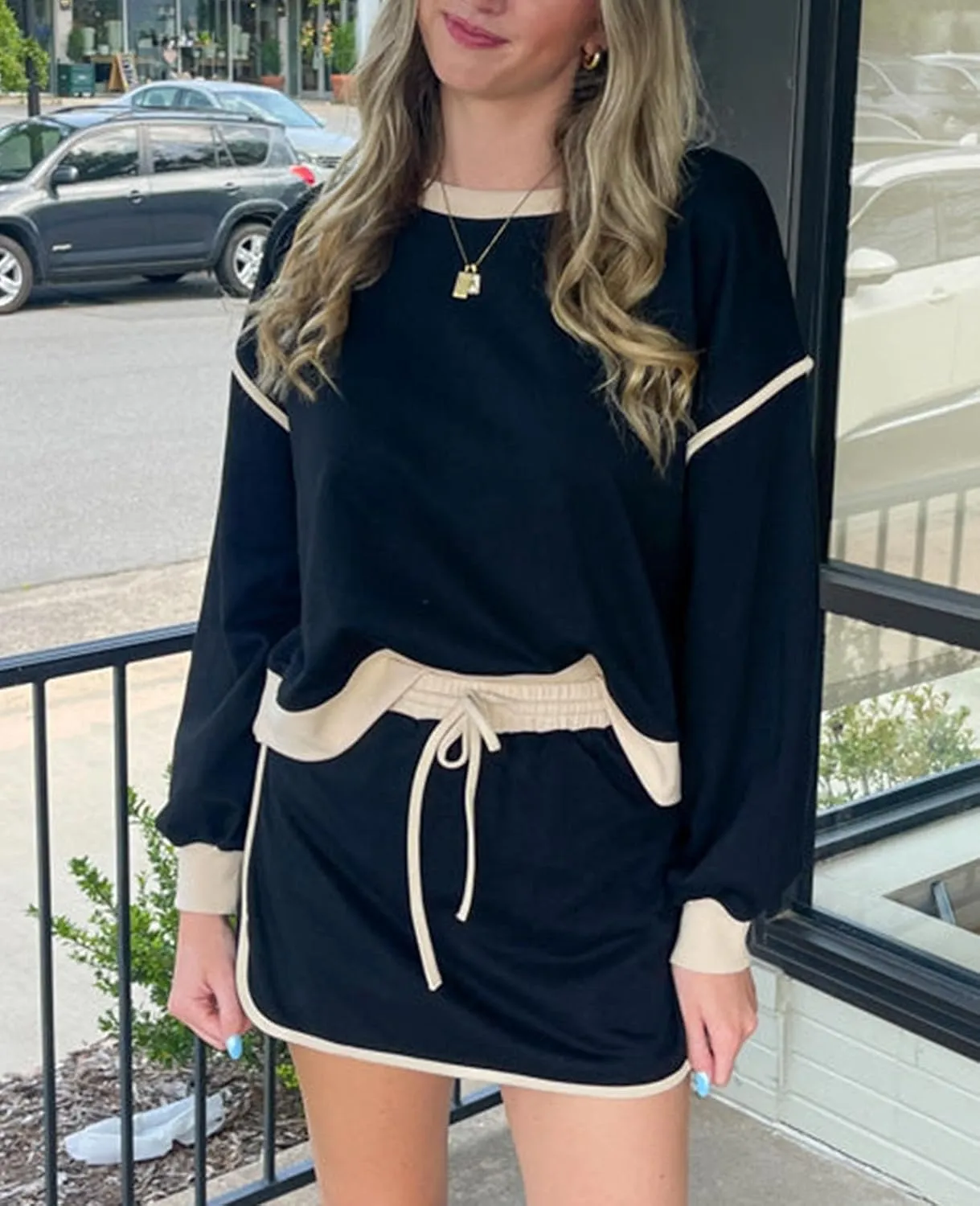 SELINK Two Piece Lounge Sets for Women Color Contrast Crewneck Pullover Top and Drawstring Skort Set Tennis Tracksuits