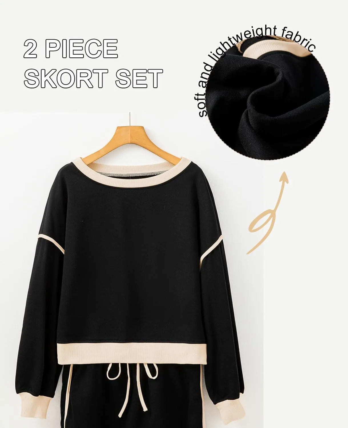 SELINK Two Piece Lounge Sets for Women Color Contrast Crewneck Pullover Top and Drawstring Skort Set Tennis Tracksuits