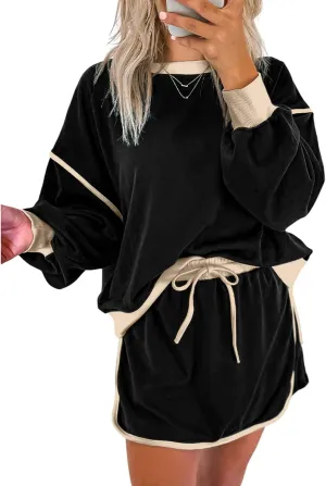 SELINK Two Piece Lounge Sets for Women Color Contrast Crewneck Pullover Top and Drawstring Skort Set Tennis Tracksuits