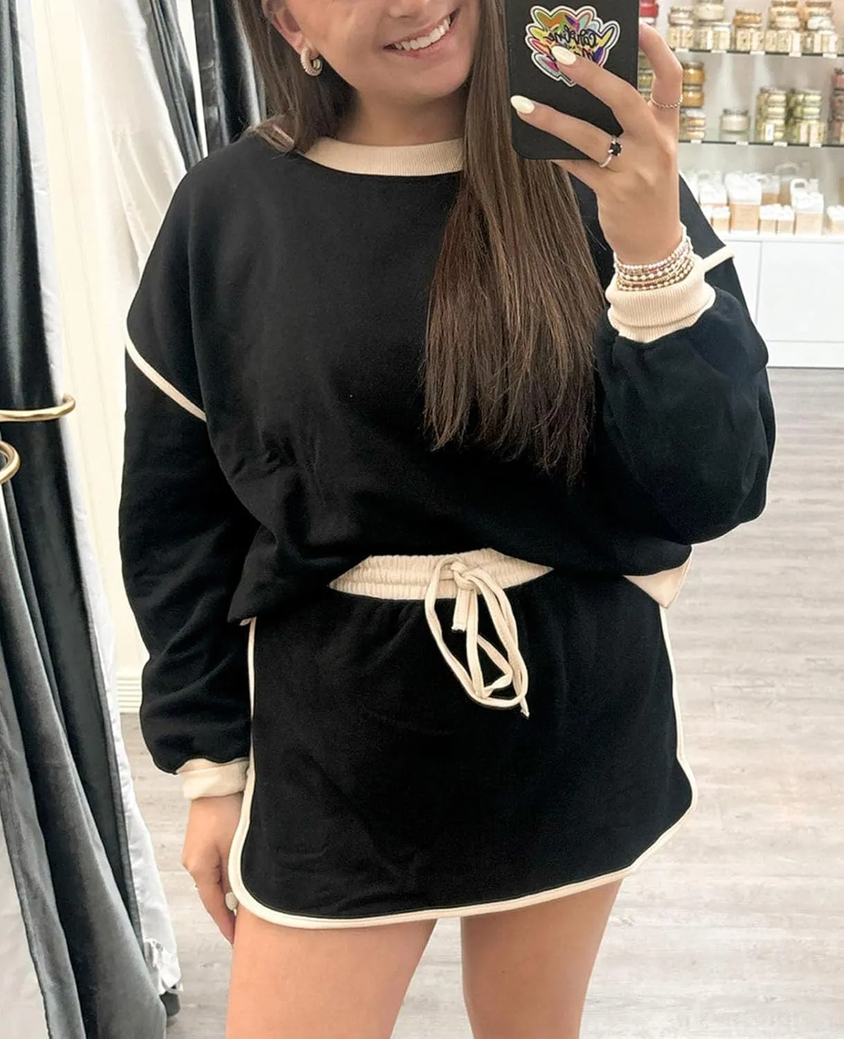 SELINK Two Piece Lounge Sets for Women Color Contrast Crewneck Pullover Top and Drawstring Skort Set Tennis Tracksuits