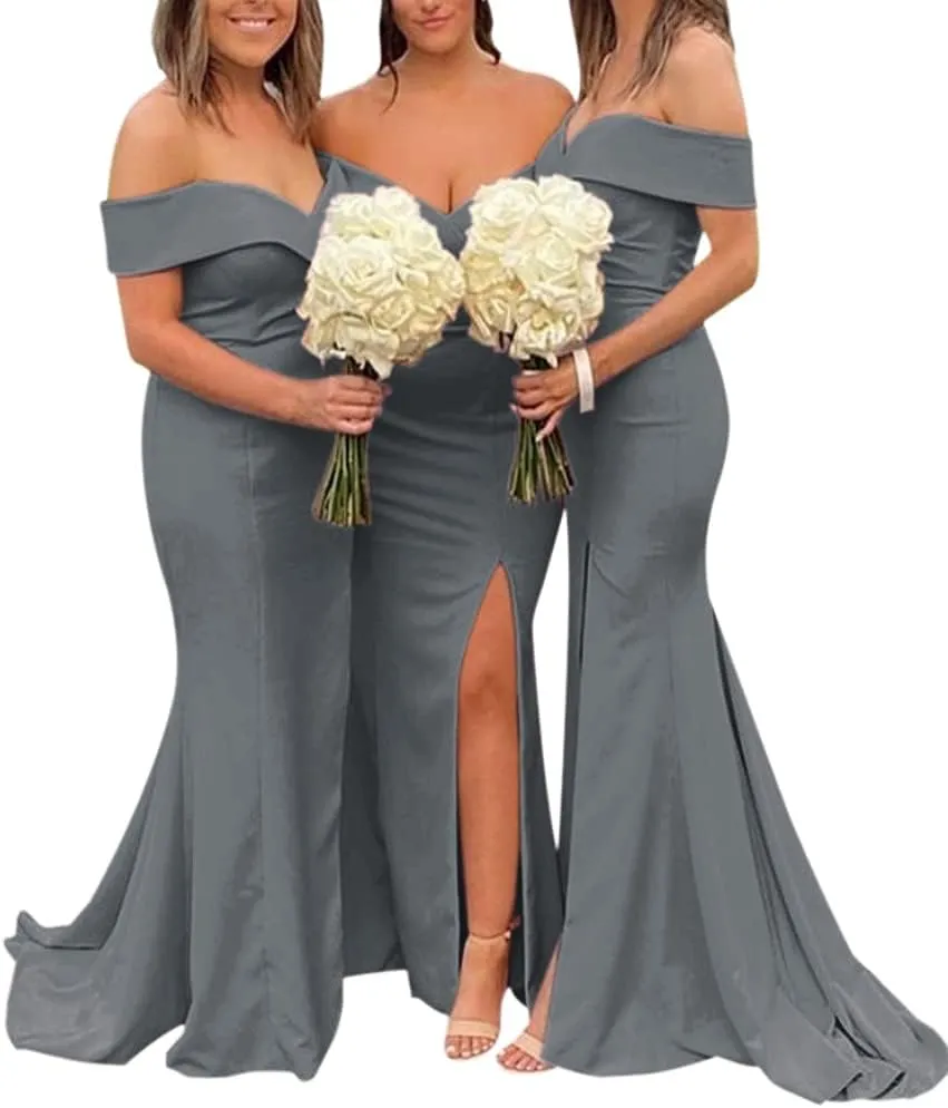 Sheath/Column Off-the-Shoulder Sleeveless Court Train Stretch Satin Bridesmaid Dresses With Split