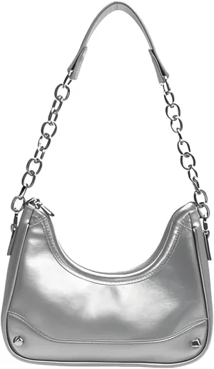 Small Hobo Shoulder Bag for Women, Metallic Handbag with Chain Strap, Crescent Purse