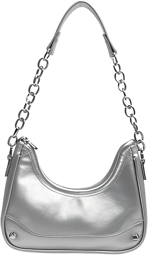 Small Hobo Shoulder Bag for Women, Metallic Handbag with Chain Strap, Crescent Purse