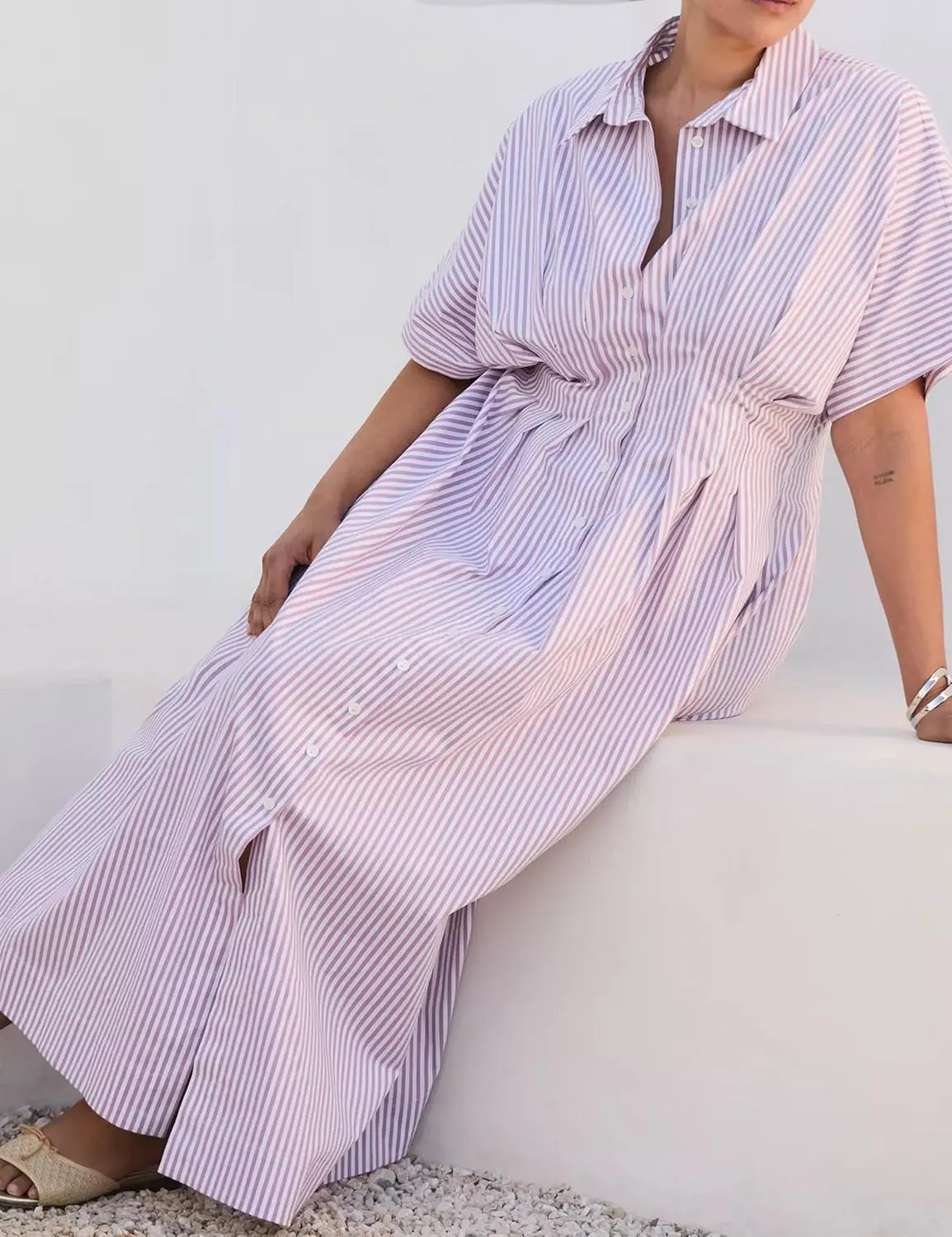 Striped Button Pleated Shirt Maxi Dress for Women Summer Short Sleeve Collar V Neck Corset Long Dress