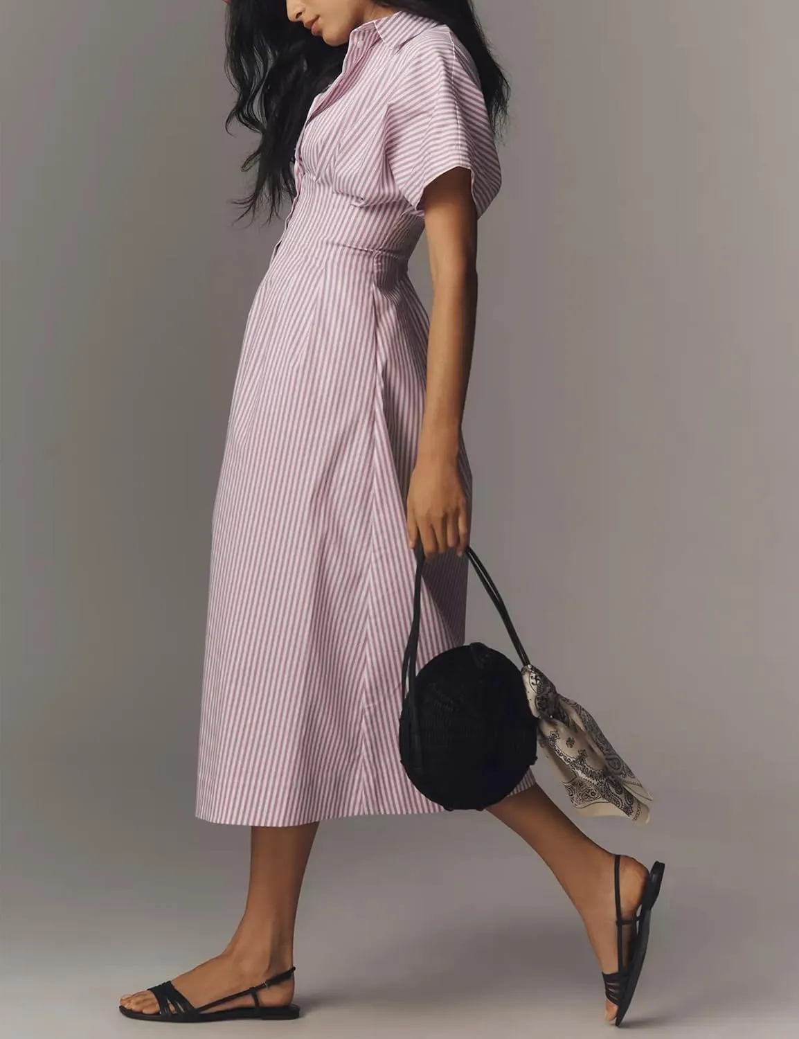 Striped Button Pleated Shirt Maxi Dress for Women Summer Short Sleeve Collar V Neck Corset Long Dress