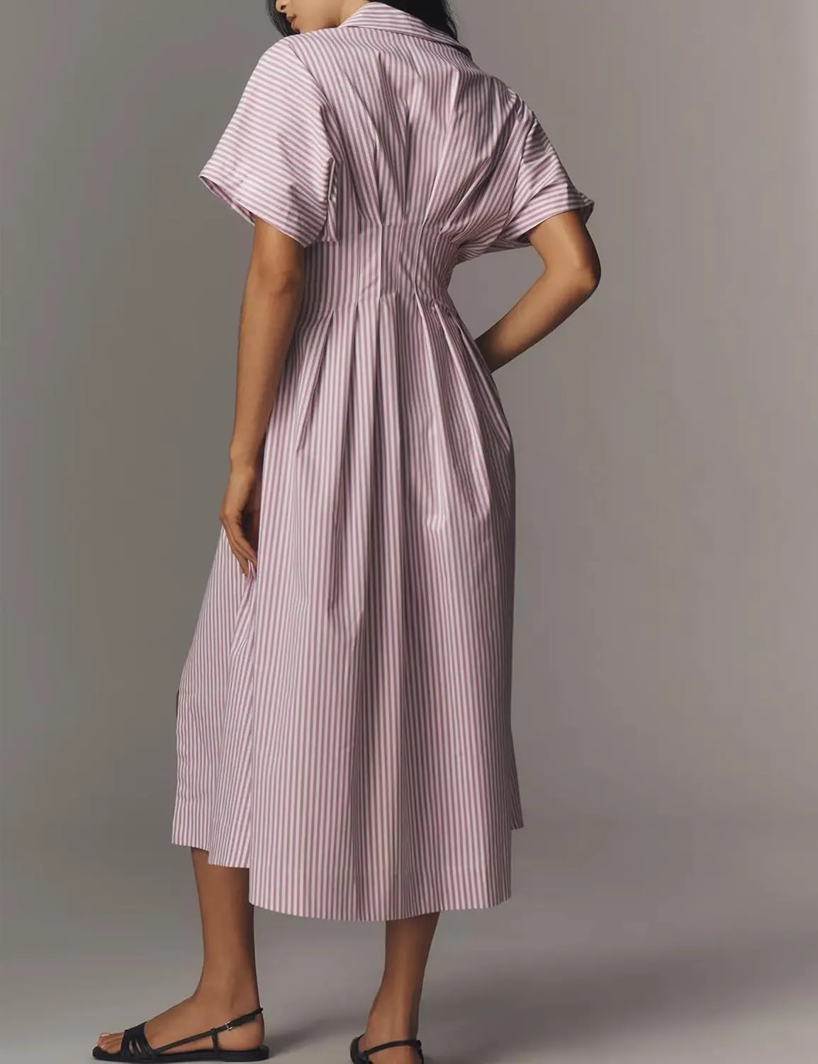 Striped Button Pleated Shirt Maxi Dress for Women Summer Short Sleeve Collar V Neck Corset Long Dress
