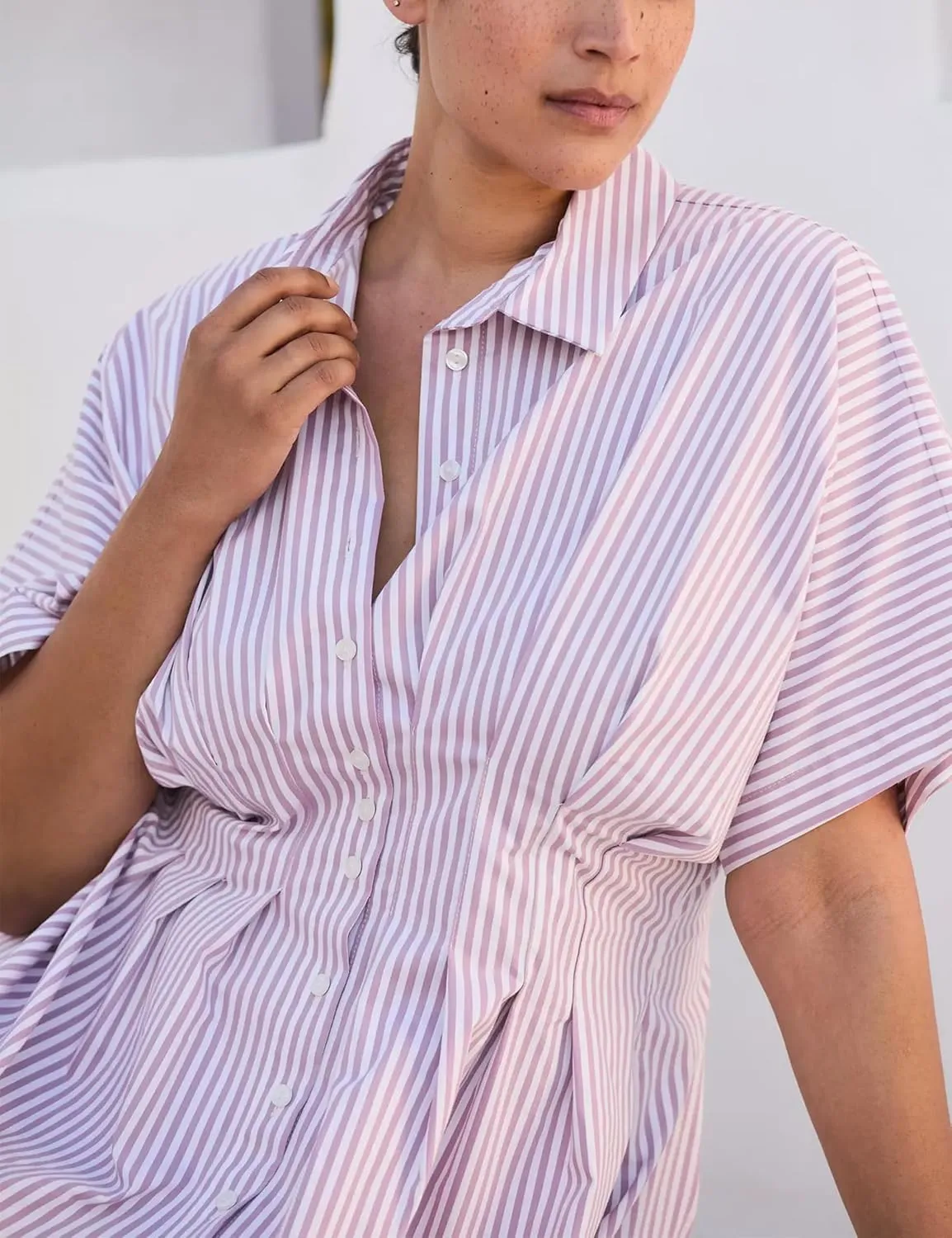 Striped Button Pleated Shirt Maxi Dress for Women Summer Short Sleeve Collar V Neck Corset Long Dress