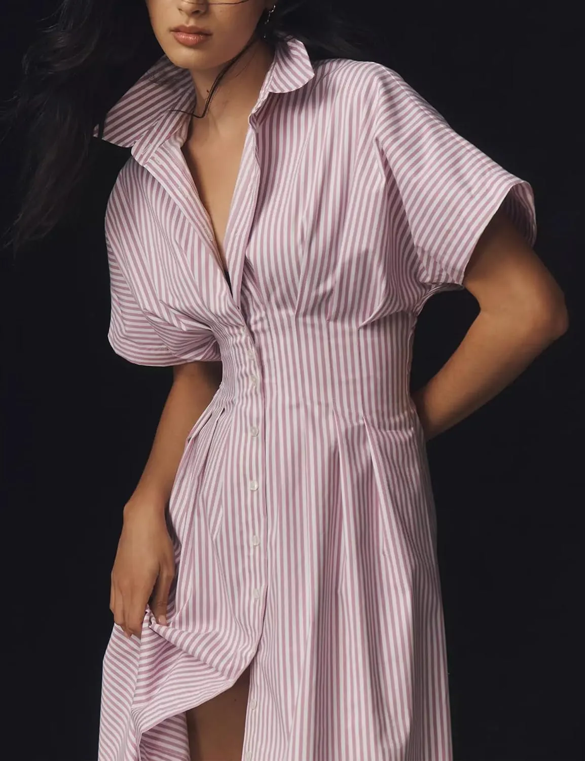 Striped Button Pleated Shirt Maxi Dress for Women Summer Short Sleeve Collar V Neck Corset Long Dress