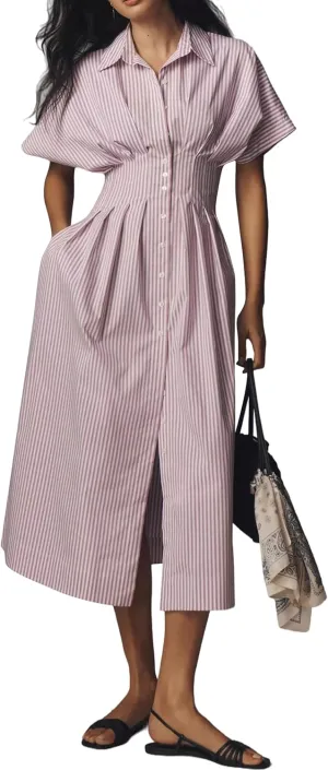 Striped Button Pleated Shirt Maxi Dress for Women Summer Short Sleeve Collar V Neck Corset Long Dress