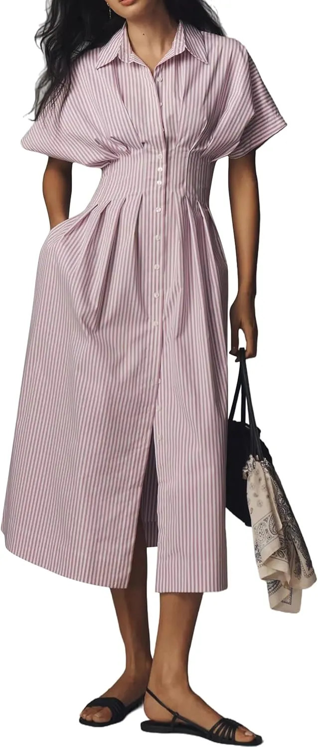 Striped Button Pleated Shirt Maxi Dress for Women Summer Short Sleeve Collar V Neck Corset Long Dress