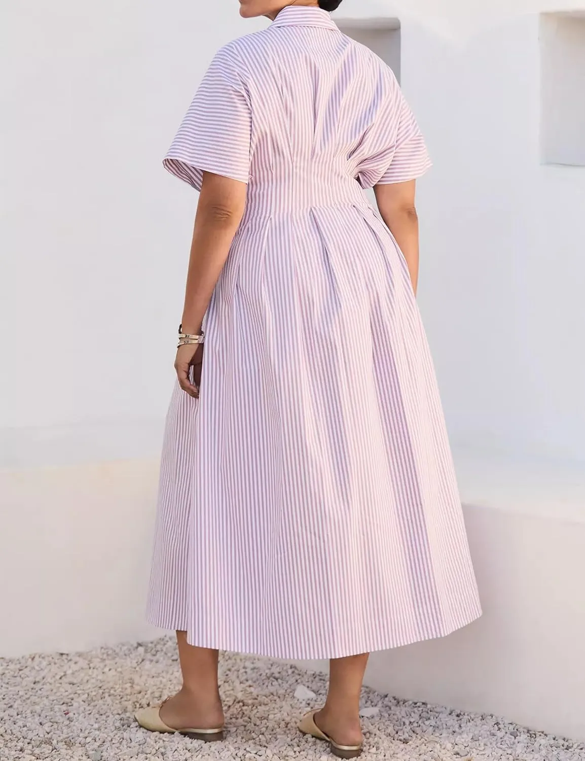 Striped Button Pleated Shirt Maxi Dress for Women Summer Short Sleeve Collar V Neck Corset Long Dress