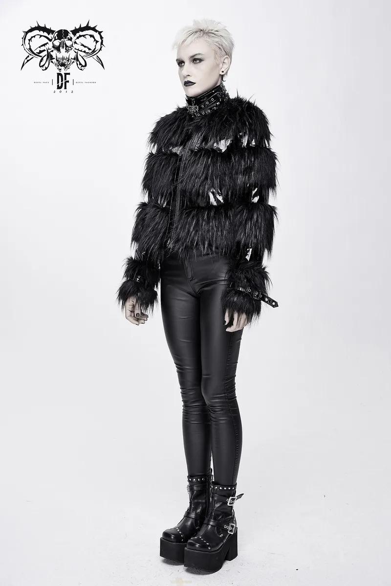 Stylish Women's Jacket Decorated with a Fur / Shiny Pu Leather Jacket with Buckles on the Neck